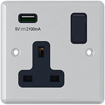 AET USBCPC1GSOCBL 13 A 1 Gang Classical Chrome Polished Single Plug Socket and USB Power Outlet with Black Insert Plastic Rocker