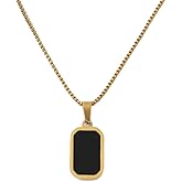 Two-Sided Black Onyx Rectangle Pendant Necklace, 14K Gold Plated Stainless Steel Chain, Black and Gold Necklace for Unisex