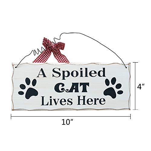 Wood Cat Sign Decor Cat Lover Sign, Hanging Pet Sign for Home Decor, Decorative Plaque Funny Cat Sign with Saying A Spoiled Cat Lives Here, Cat Wall Art Kitten Sign Cat Lover Gift 4X10in