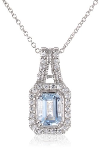 Sterling Silver Aquamarine Octagon with Created White Sapphire Pendant Necklace, 18"