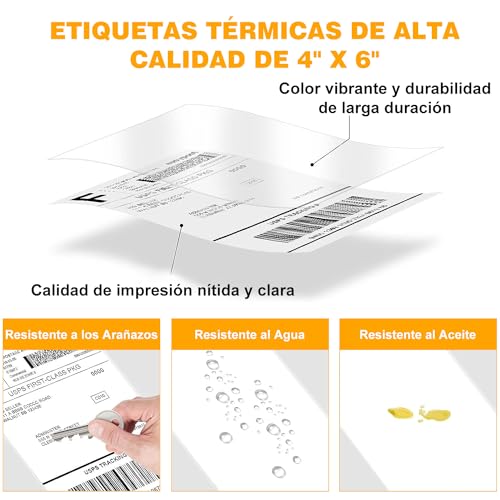 500 Etiquetas Térmicas Directas 4" x 6", Papel Adhesivo para Impresora - Perforadas y con Adhesivo Resistente, Grado Comercial