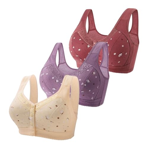 Pack of 3 Front Fastening Bras for Women UK Daisy Print Wireless Push Up Bra Full Coverage Front Closure Sports Bras Women Soft Comfort Underwear Wide Shoulder Straps Ladies Bra