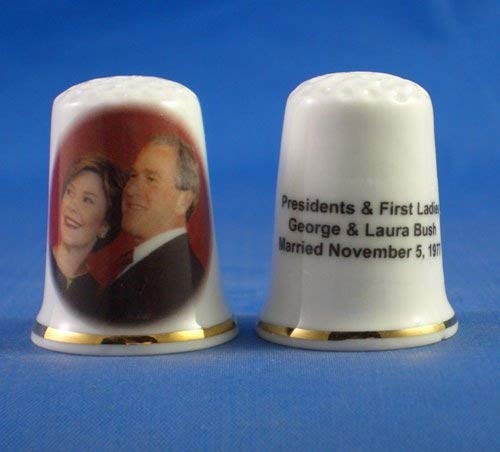Porcelain China Collectable Thimble - Presidents & First Ladies , George and Laura Bush -- Free Gift Box