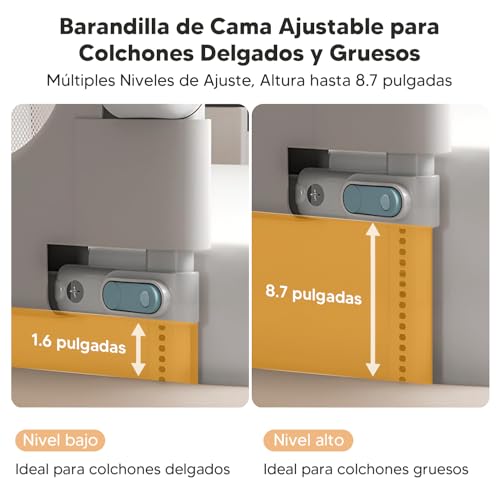 Garselay Barandilla para Cama de 1.5M，barandales para Cama Plegable，Altura Ajustable （66-78cm），Base en Forma de U y Correa de Fijación，para Todo Tipo de Colchones