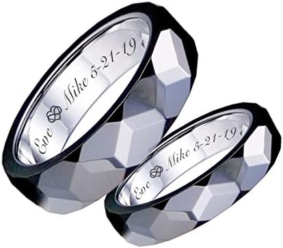 Personalized Silver Diamond Cut Tungsten Couple's Ring Set Custom Engraved Free