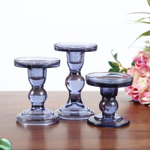 Blue Glass Candle Holder Set, QENUIITEA Set of 3 Clear Candlesticks Holders Pillar Taper Candles Tea Light Stand for Centerpieces Church Wedding Party Home Decor Dining Table