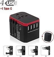 Travel Plug, 4 USB Ports and 1 Type C Worldwide Travel Adapter, All in One Universal Adaptor for Mobile Phones and Tablets- This hyleton Plug Sold by LYlighting(Red)