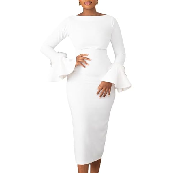 Women Fashion Solid Color Flare Long Sleeve Dress Elegant Round Neck  Bodycon Midi Pencil Dress Business Party Cocktail (Color : White, Size :  XX-Large) at Amazon Women's Clothing store