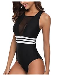 Tentame Traje de baño de una pieza, de malla, de cuello alto, a rayas, con cremallera, espalda estilo en T, monokini, para dama