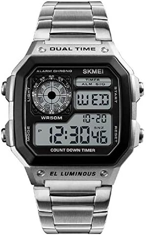 Walwee Mens Digital Sports Watches 5ATM Waterproof Alarm Date Stop Watches Countdown 12/24 Hour Stainless Steel Square Digital Wrist Watch LED Back Light Classic Watches for Men