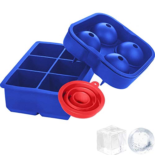 Large Silicone Molds for Bath Bomb Rubber Ice Trays BPA Free, Whisky Sphere Ice Ball Maker with Lid Bar Accessories with Silicon Funnel for Dog Treats Soap Making, Kitchen Gadgets Set of 3