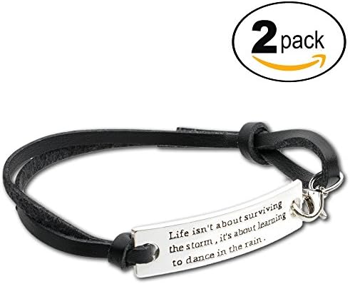 Inspirational Jewelry Bracelet –Surviving The Storm, Learning To Dance In Rain Quote – Silver Charm Engraved Sayings for Inspiration Motivation – Perfect Gift for Women, Men, Teens, Girls. - 2 Pack