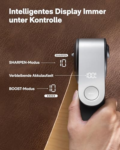 HOTO EdgeFlow Elektrisch Kartonschneider mit Titanklinge & LED-Display, Elektrische Schere, Selbstschleifend & Werkzeugloser Einfacher Klingenaustausch, Sicherheitsriegel für Karton, Teppich, Leder