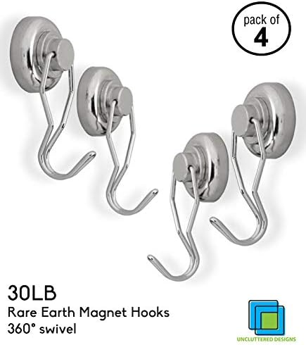 Uncluttered Designs Mighty Magnet Swivel Hooks - Ultra Heavy Duty Strong Rare Earth Neodymium Magnetic Hooks For Hanging Storage And Organization (30 lb, 4 pack, Silver)