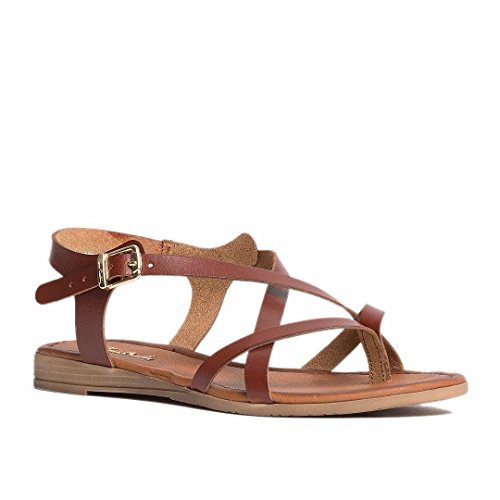 Pierre Cardin Women s Leather Flat Crossbands Sandal,Brown,6.5 US