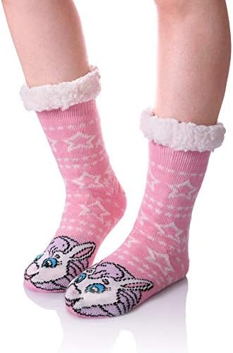 Womens Sherpa Winter Fleece Lining Knit Animal Socks Non Slip Warm Fuzzy Cozy Slipper Socks