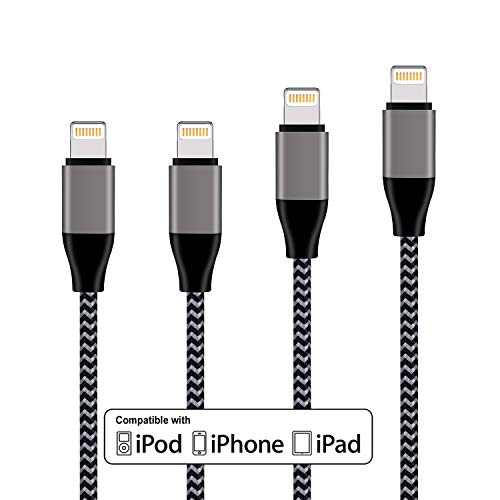 Phone Charger Cable, Lightning Cable Nylon Braided Charging Cord 4Pack 3FT 3FT 6FT 10FT Compatible Phone X 8 7 7 Plus 6 Plus 5 iPad and iPod Nano - Black