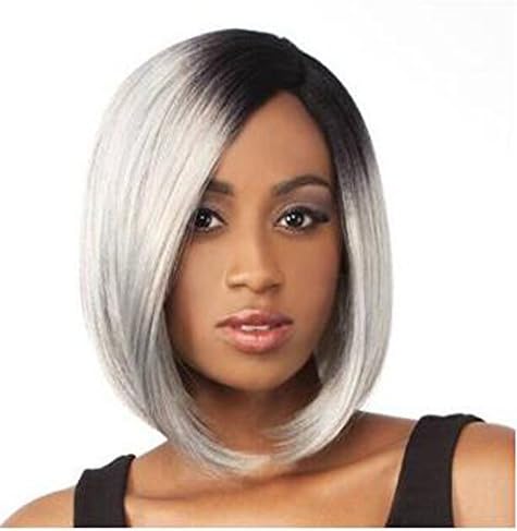 AmorWig Women Bob Straight Wig--Fashion Bob Straight Ombre Sliver Hair Wig with Black Root for Women + Wig Cap
