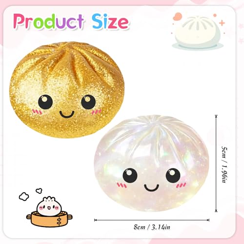 Giant Glitter Dumpling Squishy, Bao Bun Dumpling Mystery Dumplings Squishy with Steamer,Anti Anxiety Fidget Toys for Kids & Adults,Stress Relief Fidget Toy for Party Birthday Christmas(Gold + Silver)