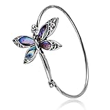 PANGRUI Exquisite Dragonfly Charm Bracelet Abalone Shell Bangle Cuff Antique Silver