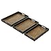 Set of 3 Dark Brown Wood and Woven Rattan Nesting Serving Trays with Cut-Out Handles