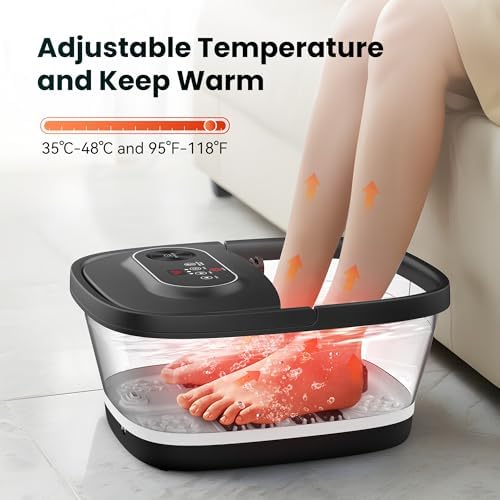 Pediluvio pieghevole con massaggio e riscaldamento, pediluvio con ruote shiatsu, 14 livelli di riscaldamento, bolle, luce rossa, timer, pedana elettrica 35℃-48℃, massaggiatore per piedi