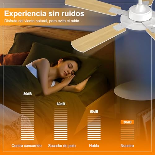 Ventilador de Techo con Luz LED, 52" Abanicos de Techo de 132 cm, Control Remoto, 6 Velocidades, Temporizador 1/4/8H para Recámara, Sala y Estudio, Blanco