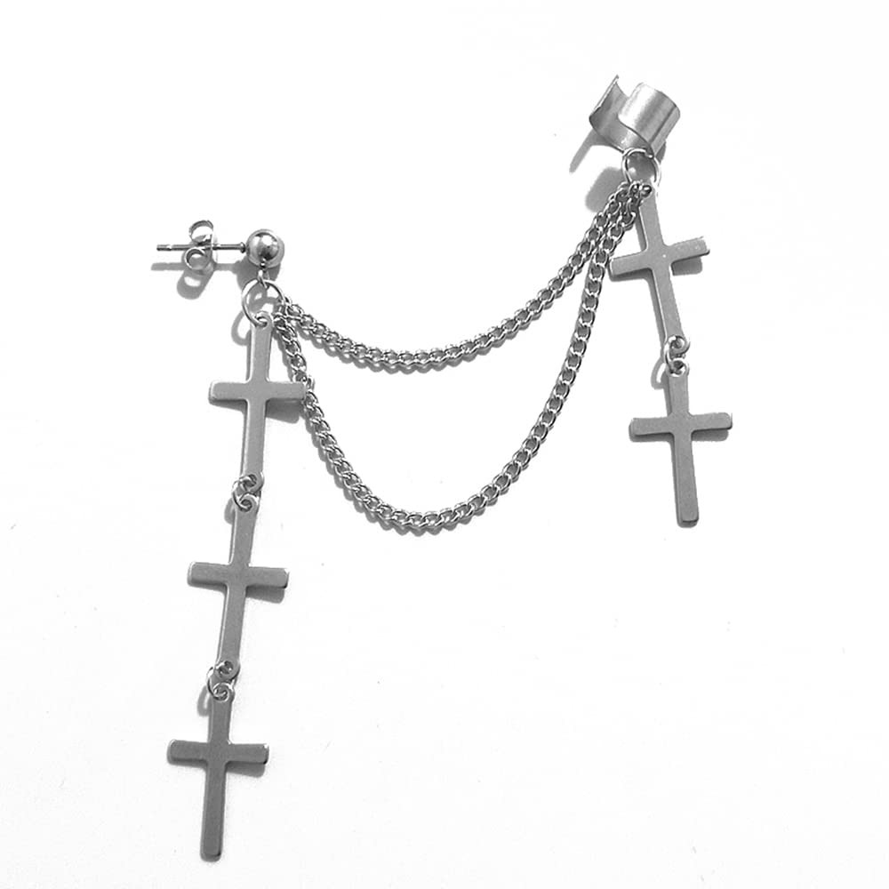 5 Cross Tassel Ear Cuff Crawler Climber Chain Threader Dangle Drop Earrings for Women Men Girls Boys Cartilage Stainless Steel Ball Stud Clip on Small Hoop Wrap Dangling Fashion Hypoallergenic Jewelry