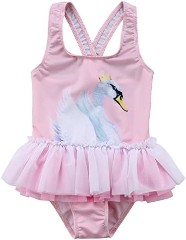 Kids Toddler Girls Swan Print One Piece Swimsuits Ruffle Bathing Suit Beachwear (32 (4-5 Years), Pink 2)