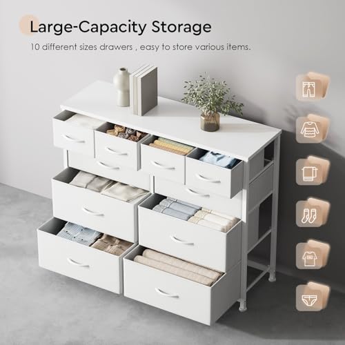 YeTom Dresser for Bedroom with 10 Drawers, 4-Tier Wide Storage Chest of Drawers with Removable Fabric Bins for Closet Nursery Bedside Living Room Laundry Entryway Hallway, White