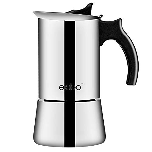 elabo Stovetop Espreeso Machine and Moka Pot for Gas or Electric Ceramic Stovetop, Italian Espresso Coffee Shot Maker for Italian Espresso, Cappuccino and Latte, 304 Stainless Steel, 6 Cups