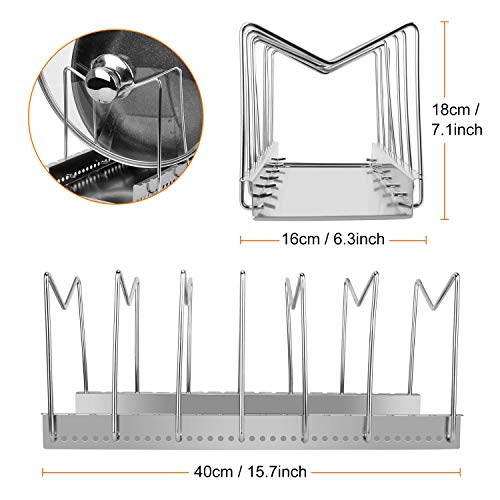 Stainless Steel Dish Rack Kitchen Pot Pan Lid Cutting Board Adjustable Organizer Holder with Drain Tray for Cabinet and Pantry Storage Organization, 6 Compartments
