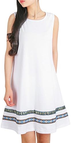DSUK Boho Dress, Ladies Round Neck Sleeveless Flowy Hem Bohemian Striped Embroidery Cotton T Shirt Beach Tops Baggy Stretch Jersey Loose Fitting Shift Tunic Dress White 2XL