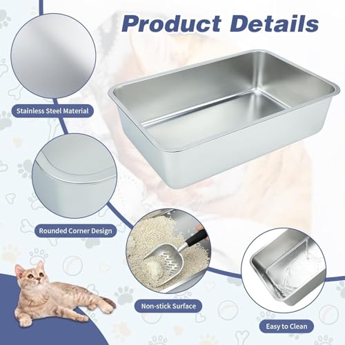 Stainless Steel Cat Litter Box - Large Litter Box for Big Cats - Easy to Clean, Never Absorbs Odor, Stains, or Rusts - Silver (17.7" L x 13.5" W x 6" H)