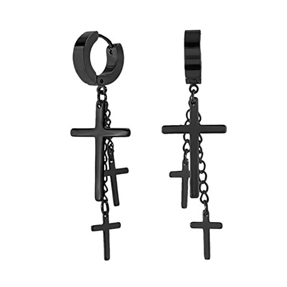 Charisma-80s-Gothic-Earring-Cross-Earrings-For-Men-Dangle-Hinged-Hoop-Huggie-Earrings-Stainless-Steel-1-Pair-Black-IP-Plated-Color