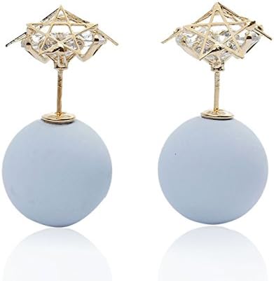 Sexy Sparkles Double Sided Ear Post Stud Earrings Pentagram Star Ball with Rhinestones (Light Blue)