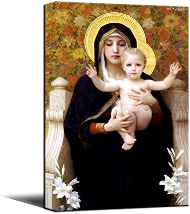 JunTung Canvas Art Wall Decor -Virgin Mary and Child Christ Jesus Canvas Print- Stretched and Framed Ready to Hang for Home Office Decor 12"x18"