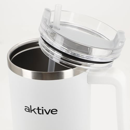 AKTIVE Insulated Stainless Steel Tumbler, 1.2L, White, Measures 15 x 10 x 27 cm, Leakproof Lid, Includes Straw, Ergonomic Handle, BPA Free, Non-Slip Base, Thermos Bottles (63152)