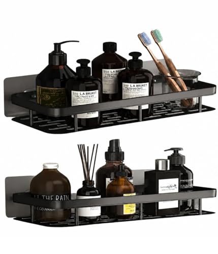Kit com 2 Suporte de Parede para Banheiro Prateleiras Autoadesivas Preto Organizador para Shampoo e Sabonete Instalação Sem Furos