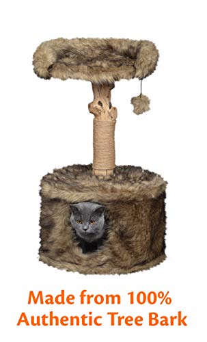 Pet Control HQ Cat Tree Condo 33 Inch Tall Scratcher Post Pet Bed Furniture, Authentic Pear Tree Bark Post with Activity House w/Scratching Sisal, Spacious Perch and Interactive Toy, Brown