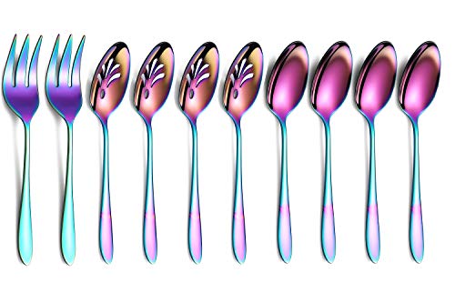 HOMQUEN Rainbow 10-Piece Serving Flatware Silverware Set,Stainless Steel Serving Utensil Set,Include Slotted Serving Spoon, Serving Spoon, Serving Fork