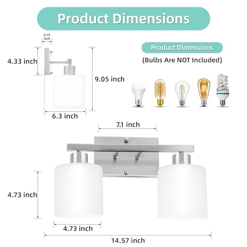 SILAMPDI Bathroom Light Fixtures Silvery, Vanity Lights for Bathroom 2-Light, Wall Sconces Lamp for Bedroom, Hallway, Milky White Glass Shades, E26 Base 60W MAX, Bulbs Not Included