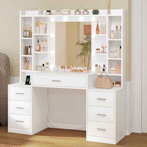 TEENFON 47.2” Large Vanity Desk with 7 Drawers & 15 Open Shelves, Makeup Vanity with 10 LED Lights & Power Outlet, Vanity Desk with Mirror and Lights, Dressing Table for Bedroom, White