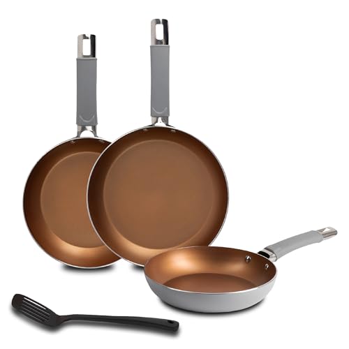 LOJA REECO - Set 4 Poêles + Spatule cannelée (18, 22, 26 cm) Aluminium forgé - Revêtement antiadhésif - Poignée ergonomique - Compatible induction