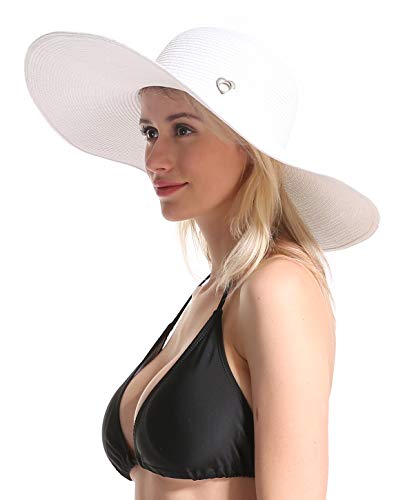 Women Straw Sun Beach Hat - White Large Wide Brim Floppy Face Sunhat Foldable for Summer UV Protection