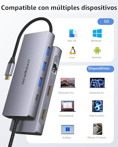 USB C Docking Station, Newmight 9 in 1 Dual HDMI Hub Adapter Type C to Ethernet RJ45 Gigabit PD 100W SD TF Card Reader Compatible with DELL/HP