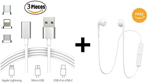 3-in-1 Magnetic USB Charging cable (FREE Bluetooth earphones included) (USB C)(Lightning)(Micro USB) High Speed Data For iPhone 7 7 plus/ 8 8 X Plus/iPad Samsung Galaxy S6 S7 S8 (White)