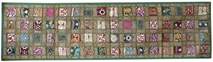 My Craft Palace Green Patchwork Table Runner Sequin Embroidery Tapestry