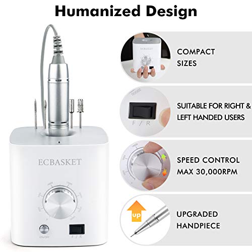 Nail Drill for Acrylic Nails - Electric Nail Drill 30000RPM Electric Nail File Professional Nail Drill Machine Portable Nail File Machine to Remove Gel Polish Nail Gel with Nail Drill Bits Foot Pedal