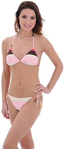 Juniors Striped String Triangle Swimsuit Pink Brown Bikini Bottoms 2 Piece Set Sizes: Large